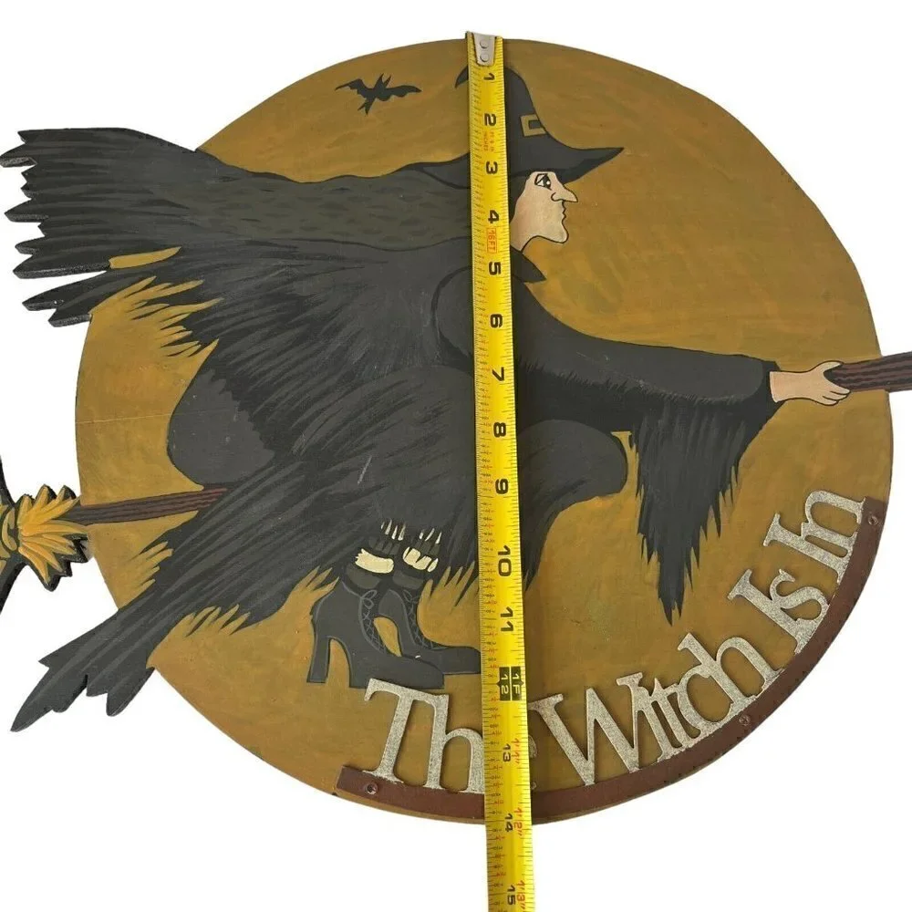 Primitives by Kathy Flying Witch on Broom Wood Wall Sign Plaque Folk Art Witchy